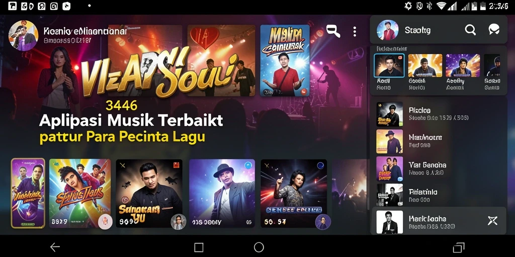 Tampilan screenshot menunjukkan antarmuka aplikasi <strong>3446</strong> dengan lagu-lagu dan fitur menarik.