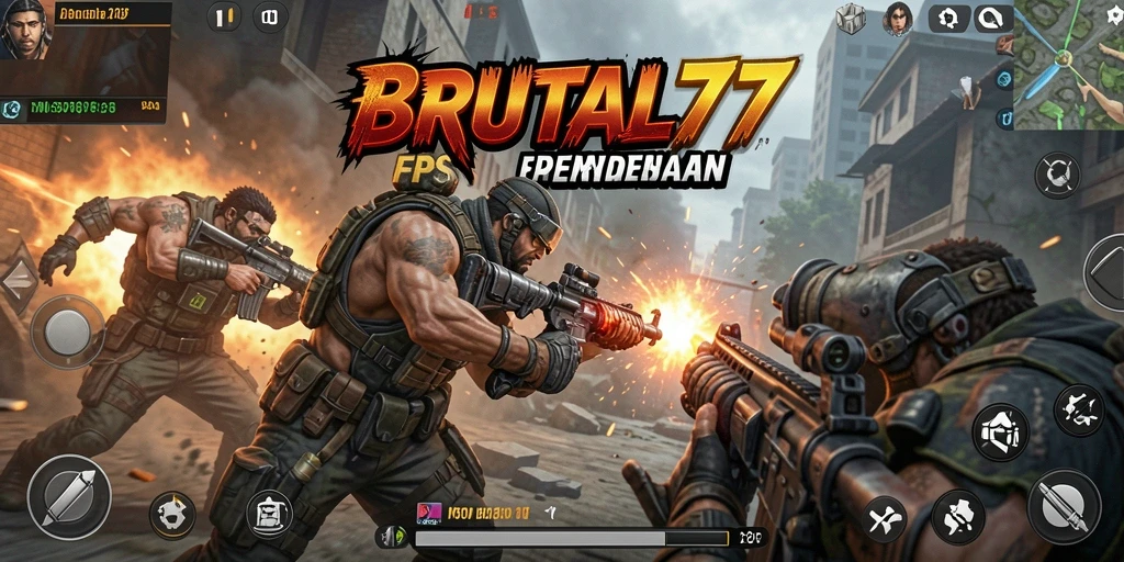 Tampilan gameplay mendebarkan dari <strong>BRUTAL77</strong> dengan aksi tembak-menembak yang intens.