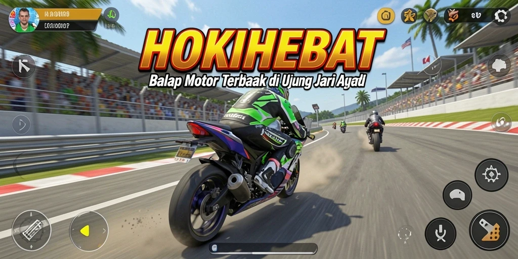 Screenshot gameplay HOKIHEBAT menampilkan balapan motor yang mendebarkan.