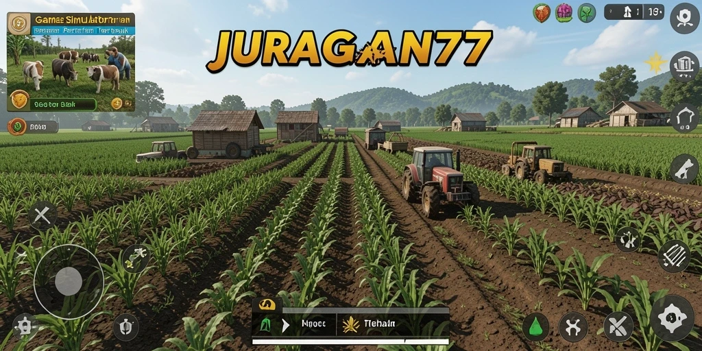 Tampilan gameplay JURAGAN77 saat bertani di lahan hijau.